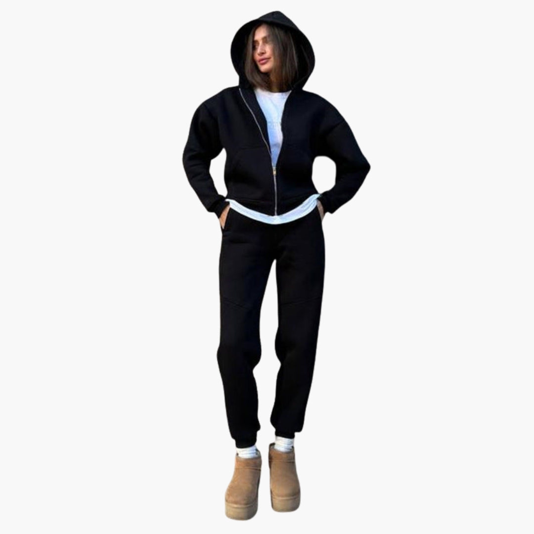 Women's two-piece tracksuit hoodie zip-front set with elastic waistband in cozy athleisure style