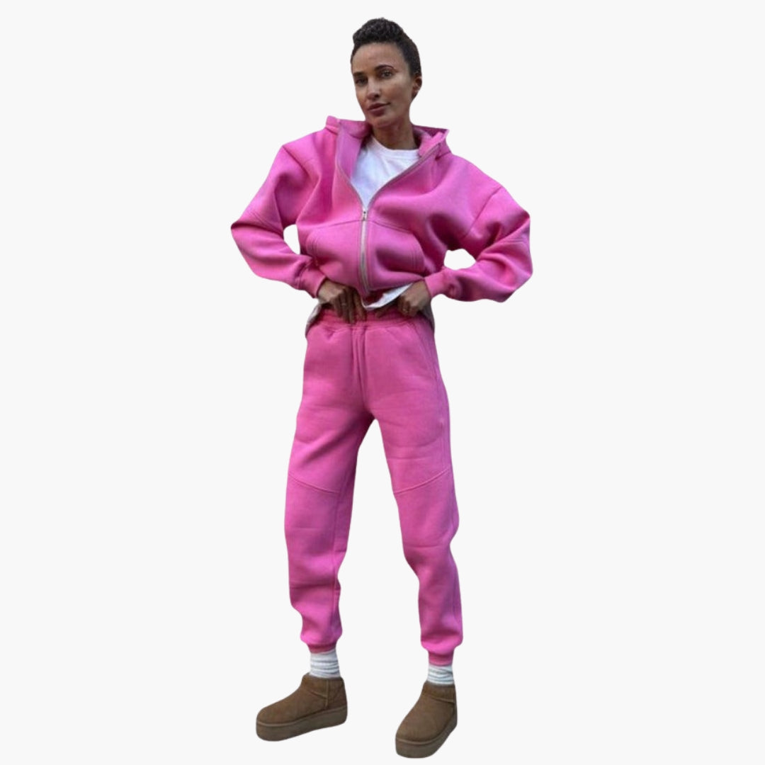 Women's two-piece tracksuit hoodie zip-front set with elastic waistband in cozy athleisure style