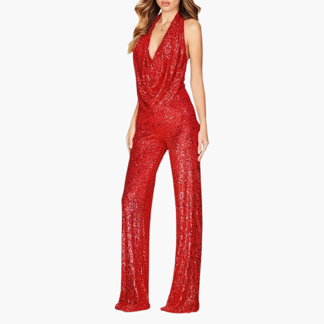 Women's silver sequin backless halter jumpsuit with draped collar and wide-leg silhouette