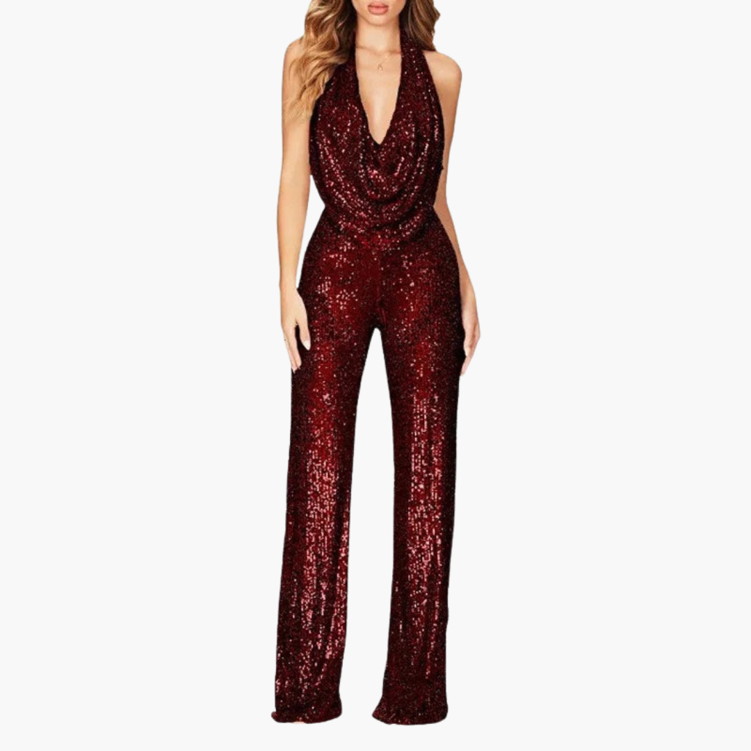 Women's silver sequin halter jumpsuit with backless draped collar and wide leg silhouette