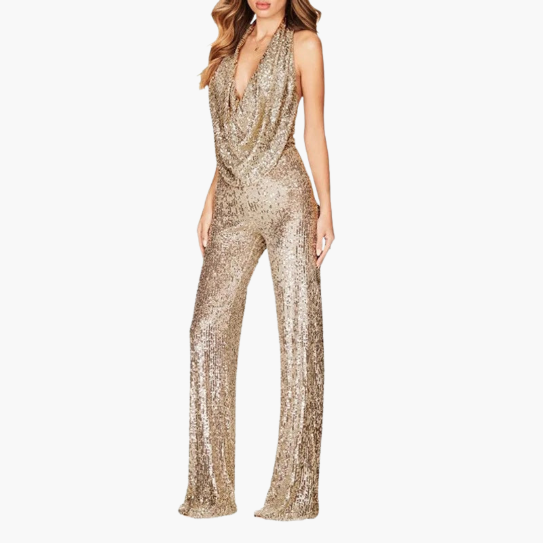 Women's silver sequin halter jumpsuit with backless draped collar and wide-leg silhouette