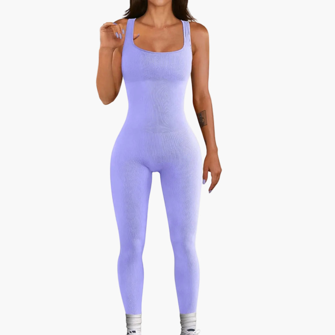 Women's sleeveless ribbed jumpsuit square neckline fitted waist body-skimming silhouette pull-on