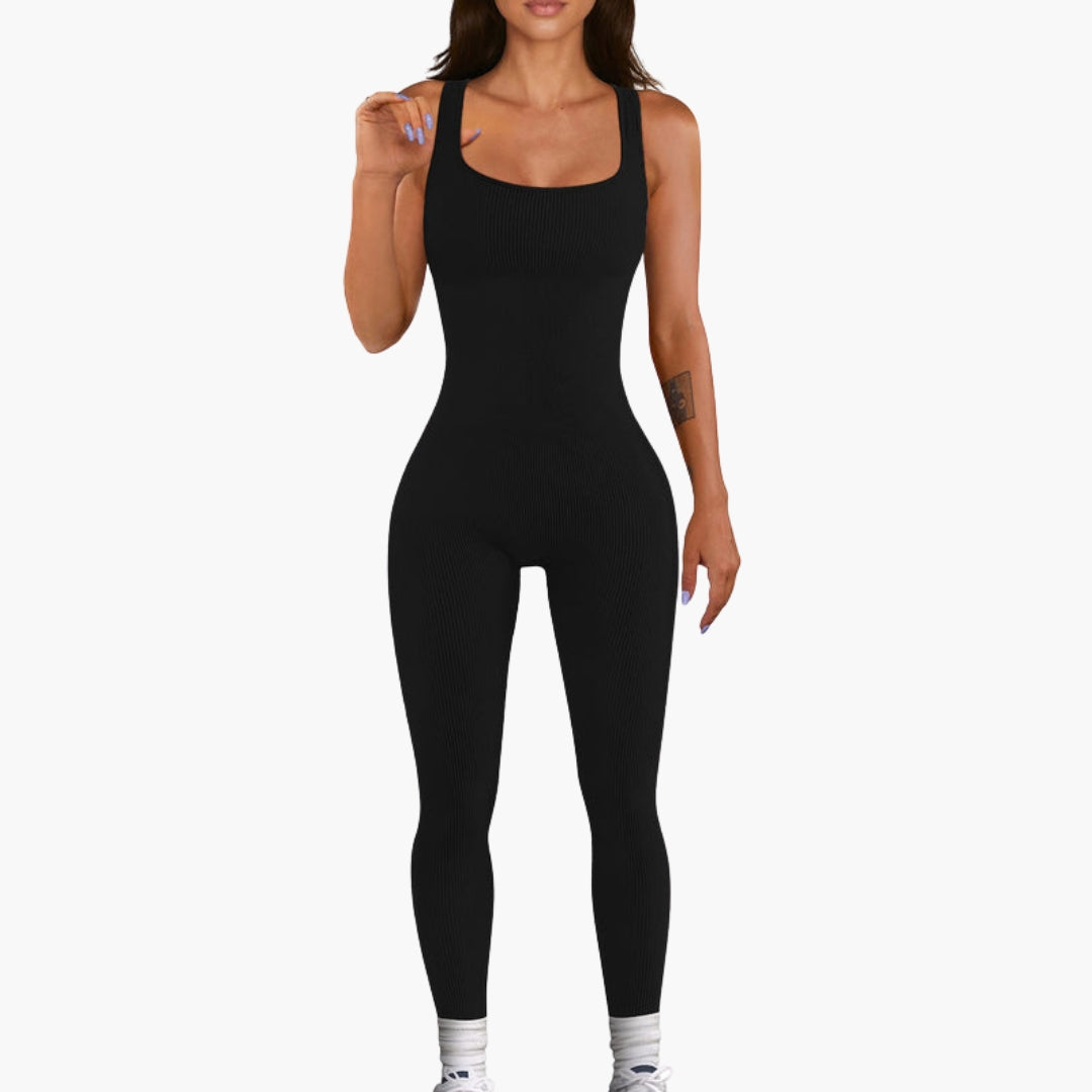 Women's sleeveless ribbed jumpsuit square neckline pull-on fitted silhouette body-skimming one-piece