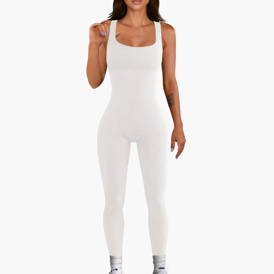 Women's sleeveless ribbed jumpsuit square neckline fitted waist body-skimming silhouette pull-on design