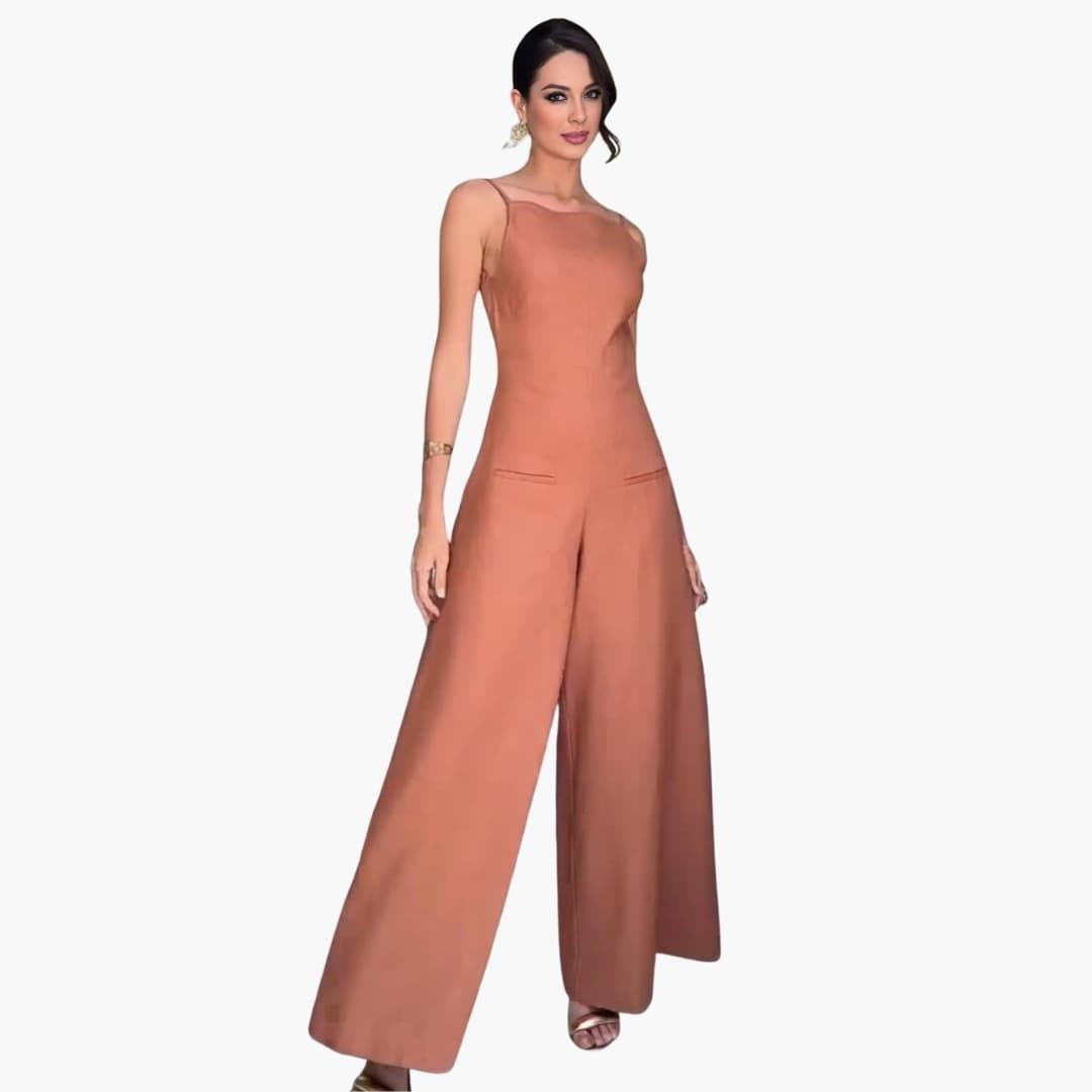 Women's thin strap open-back jumpsuit, fitted waist, wide leg silhouette, crossed back straps