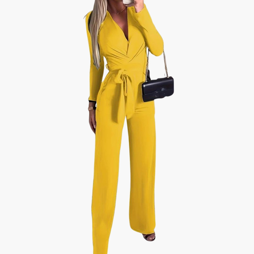 Women's wide-leg jumpsuit wrap neckline tie waist long sleeves modern everyday one-piece silhouette