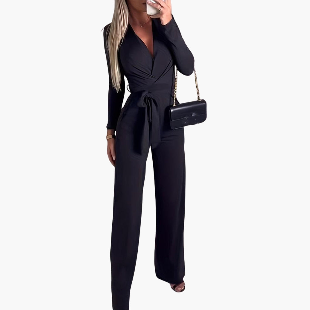 Women's wide-leg jumpsuit with wrap neckline, tie waist, long sleeves, modern everyday style
