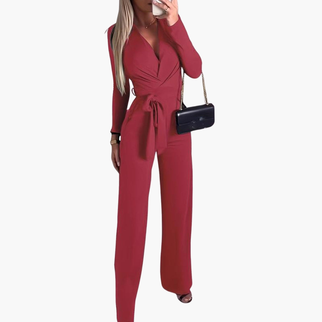 Women's wide-leg wrap neckline jumpsuit with tie waist, long sleeves, elegant everyday one-piece
