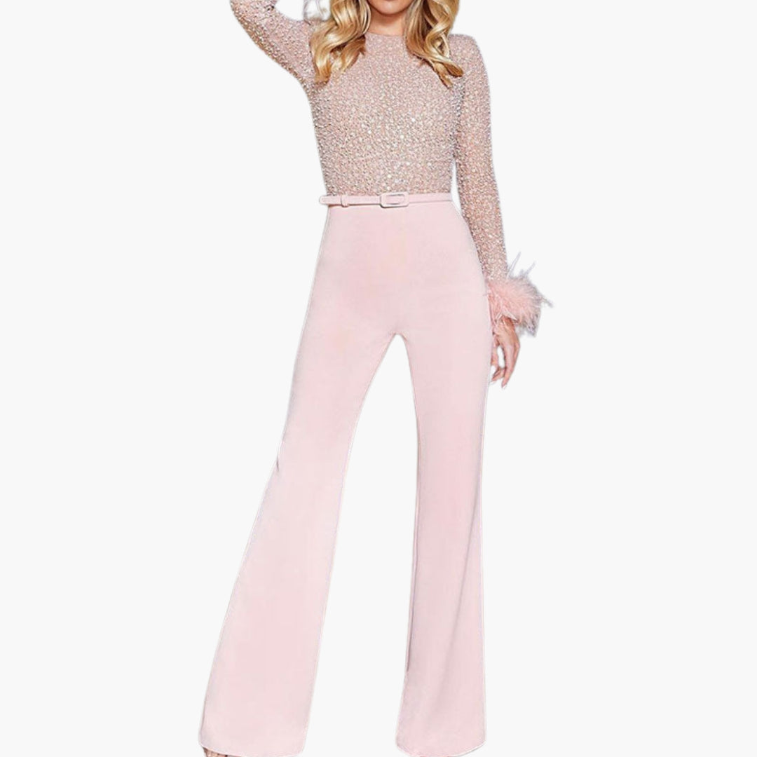 Women's sequin jumpsuit with feather trim cuffs, belted waist, flared pants, evening glam style