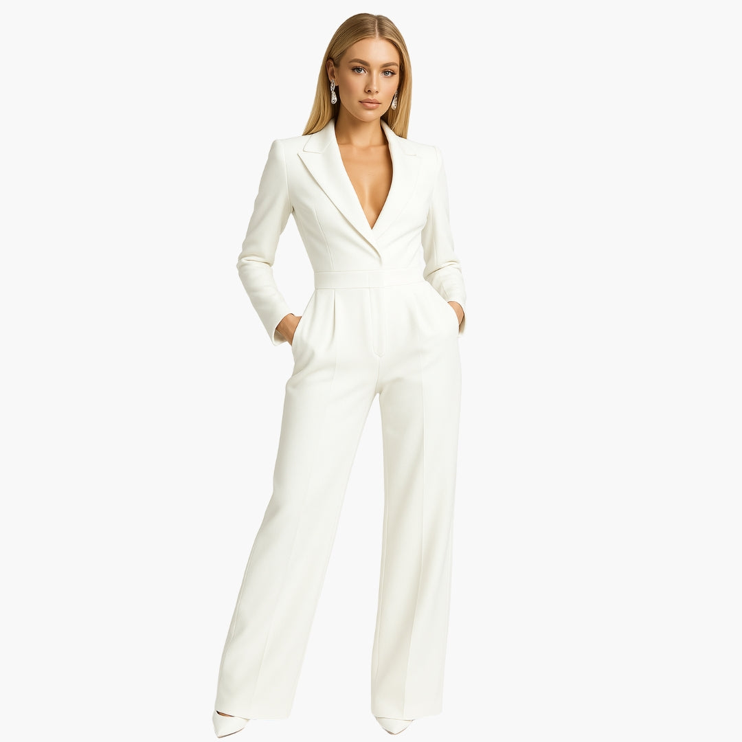 Women's black wide-leg jumpsuit tailored silhouette structured bodice deep V-neck elegant evening
