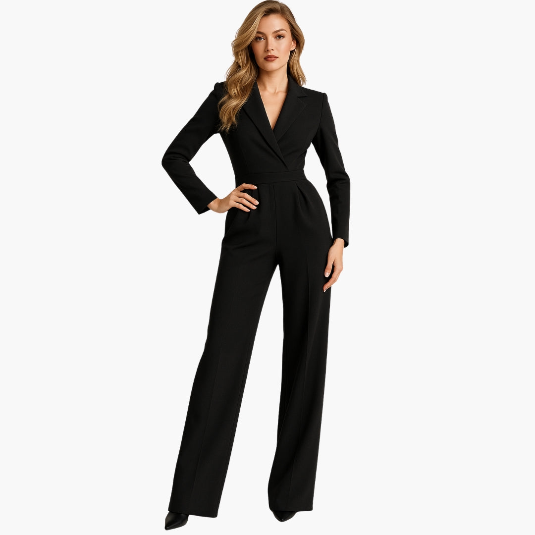Black wide-leg jumpsuit women tailored structured bodice deep V-neck elegant evening formal silhouette