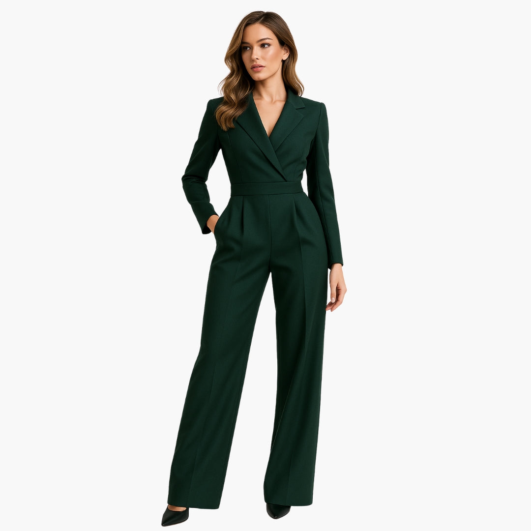 Women's black tailored wide-leg jumpsuit with structured bodice and deep V-neck for elegant evenings