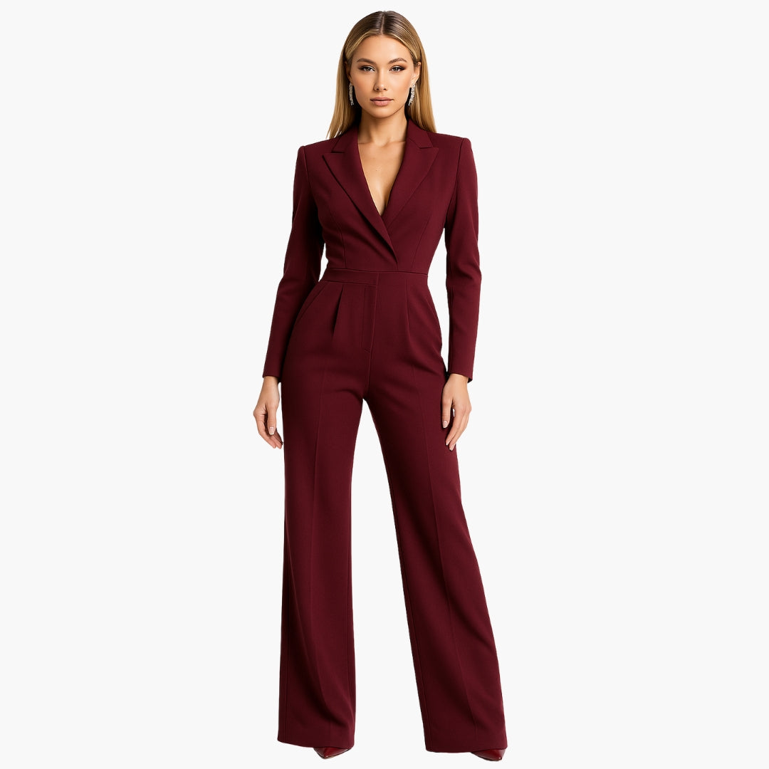 Women's black wide-leg jumpsuit tailored fit structured bodice deep V-neck elegant evening style