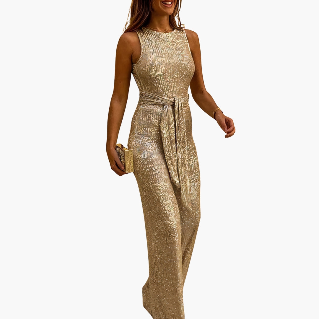 Women's silver sequined sleeveless jumpsuit belted waist wide-leg pants all-over glitter party wear