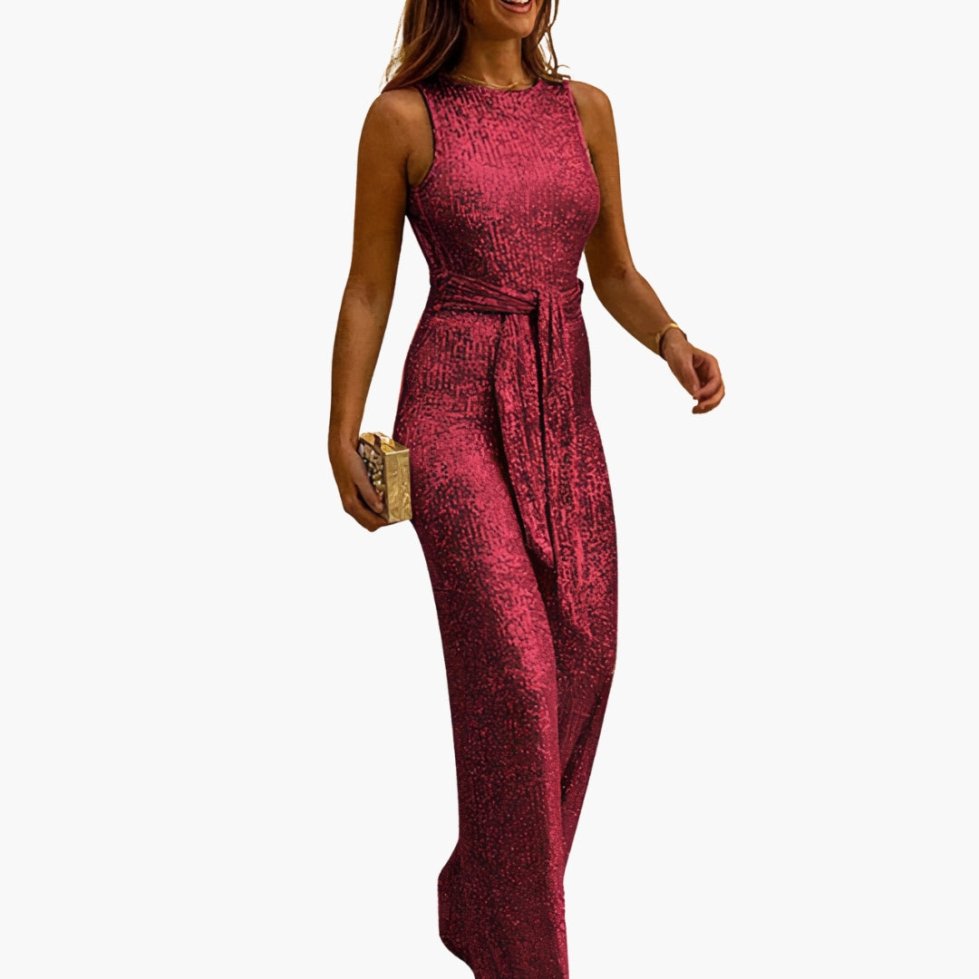 Women's silver sequined sleeveless jumpsuit, belted waist, wide-leg glitter pants for glam party