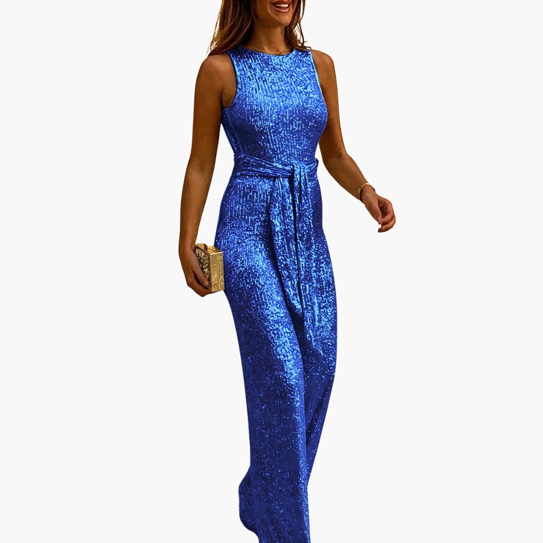 Women's silver sequined sleeveless jumpsuit belted waist wide-leg pants glam party wear