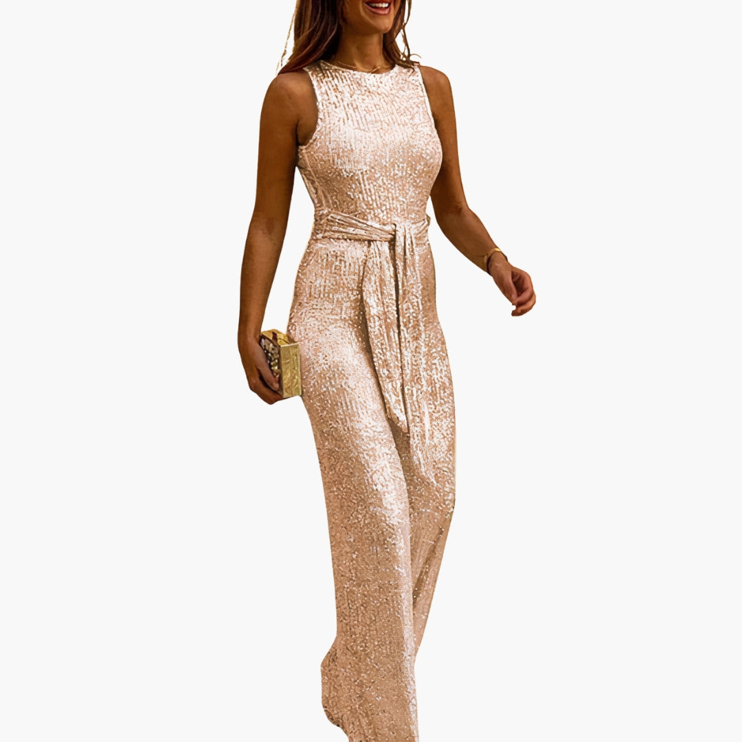 Women's silver sequined sleeveless wide-leg jumpsuit with belted waist for glam party wear