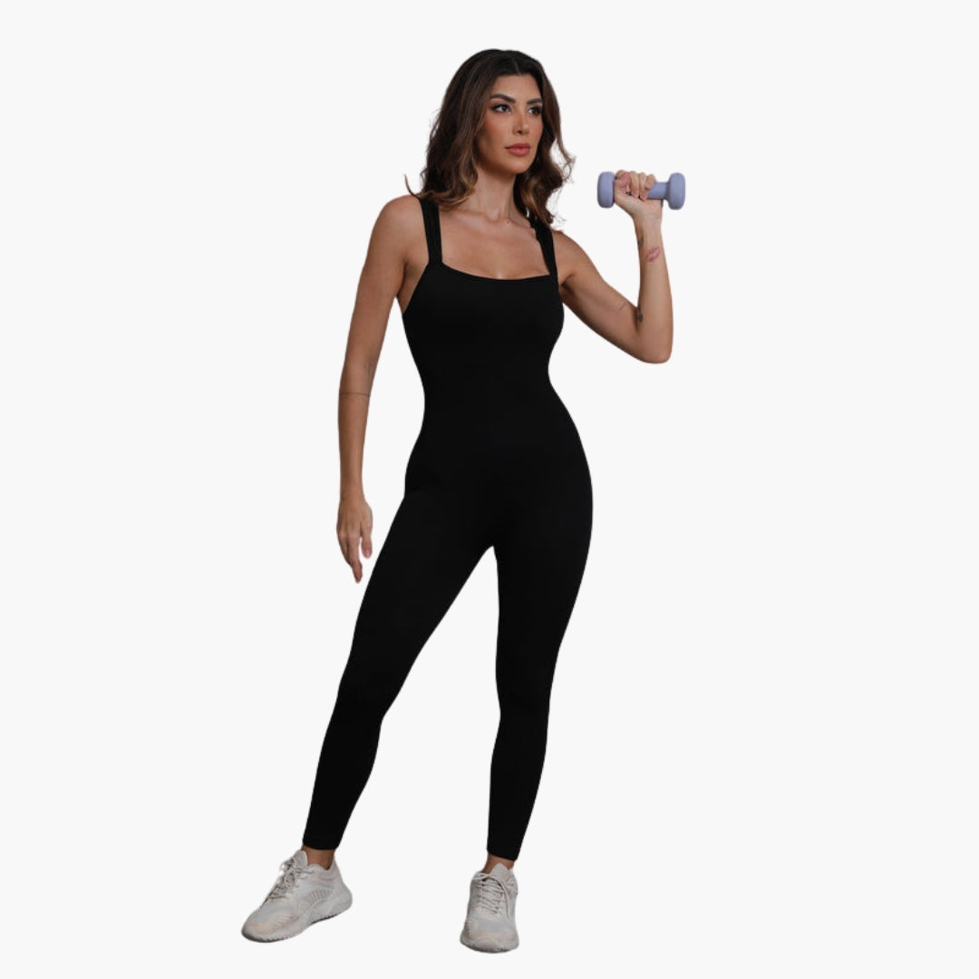 Women's sleeveless fitted jumpsuit, wide straps, round neckline, pull-on silhouette for effortless everyday style