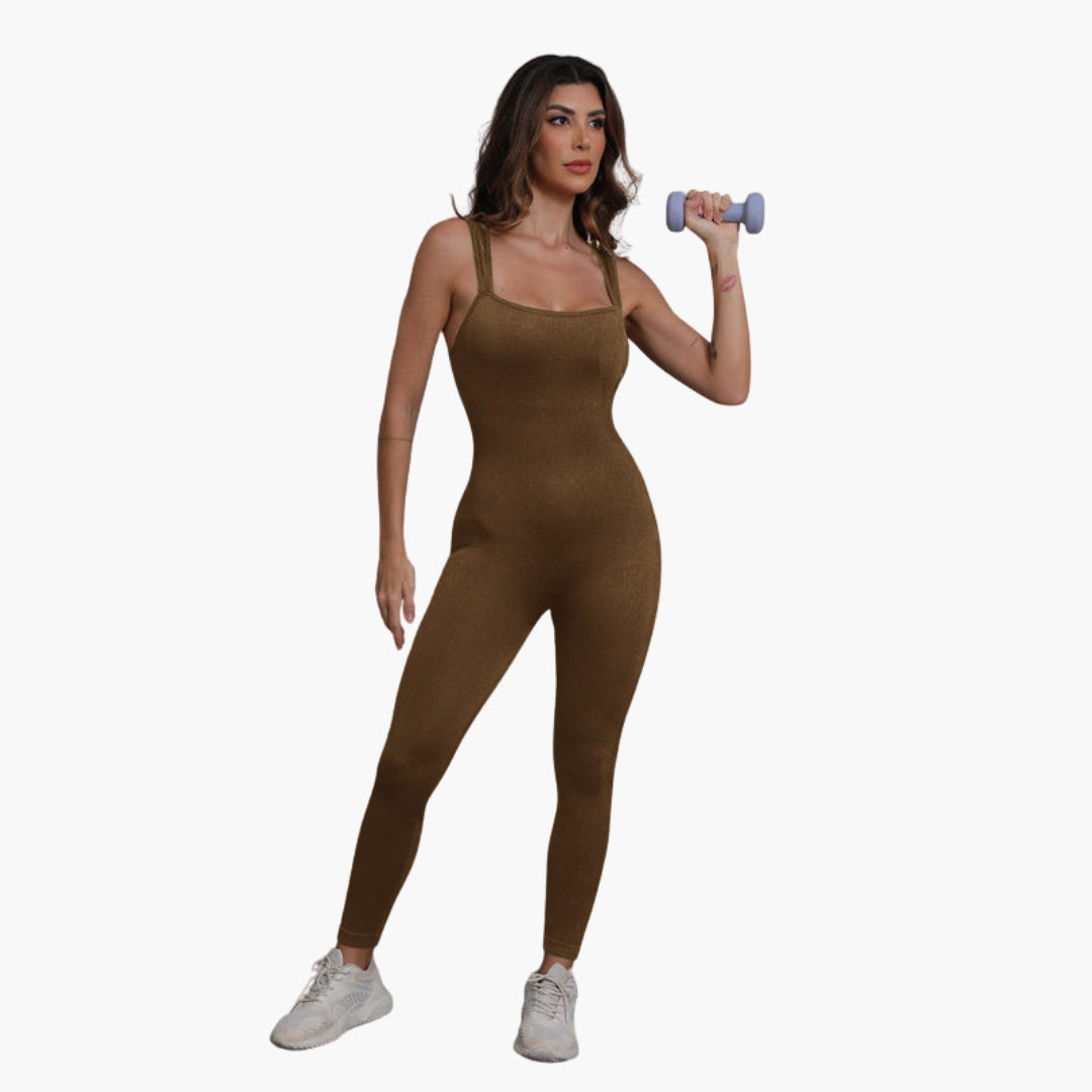 Women's sleeveless fitted jumpsuit with wide straps, round neckline, pull-on silhouette