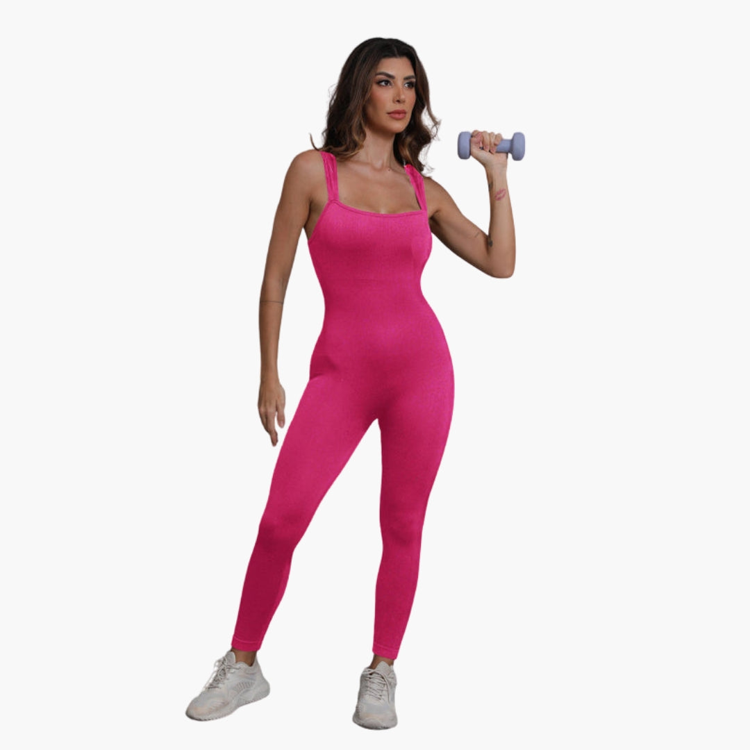 Women's sleeveless fitted jumpsuit wide straps round neckline pull-on silhouette machine washable