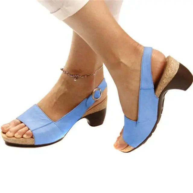 Women's beige slingback block heels with cushioned footbed, elegant low heel and secure ankle strap