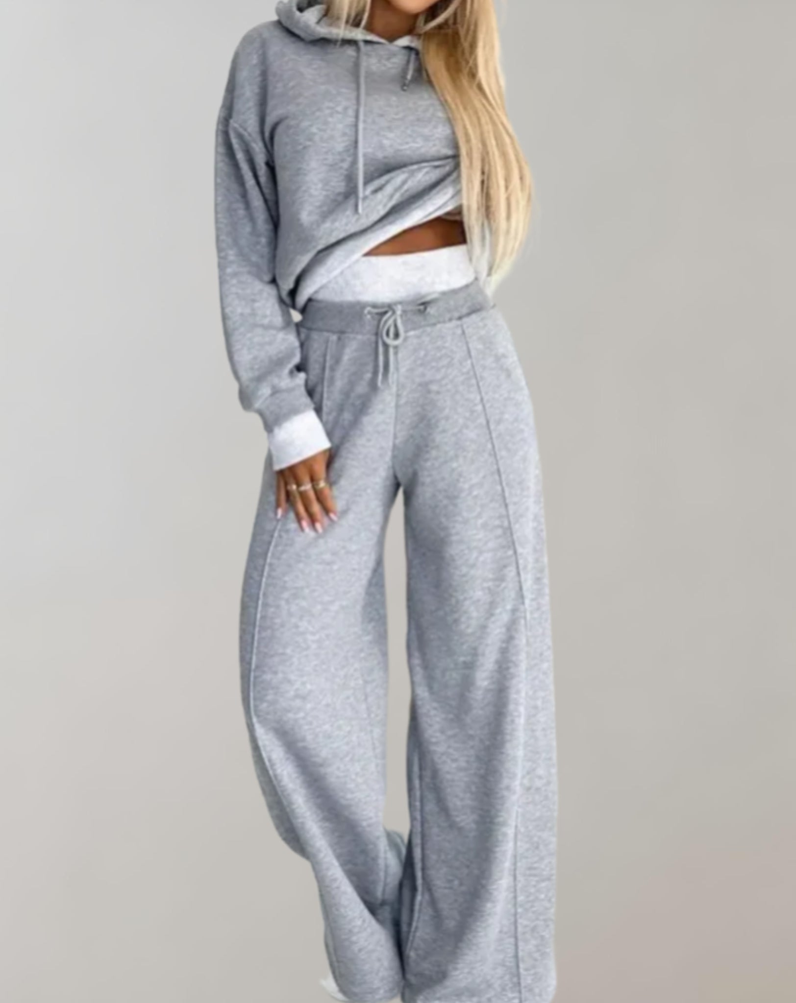 Women's casual hoodie tracksuit set in matching two-piece relaxed fit with drawstring pants