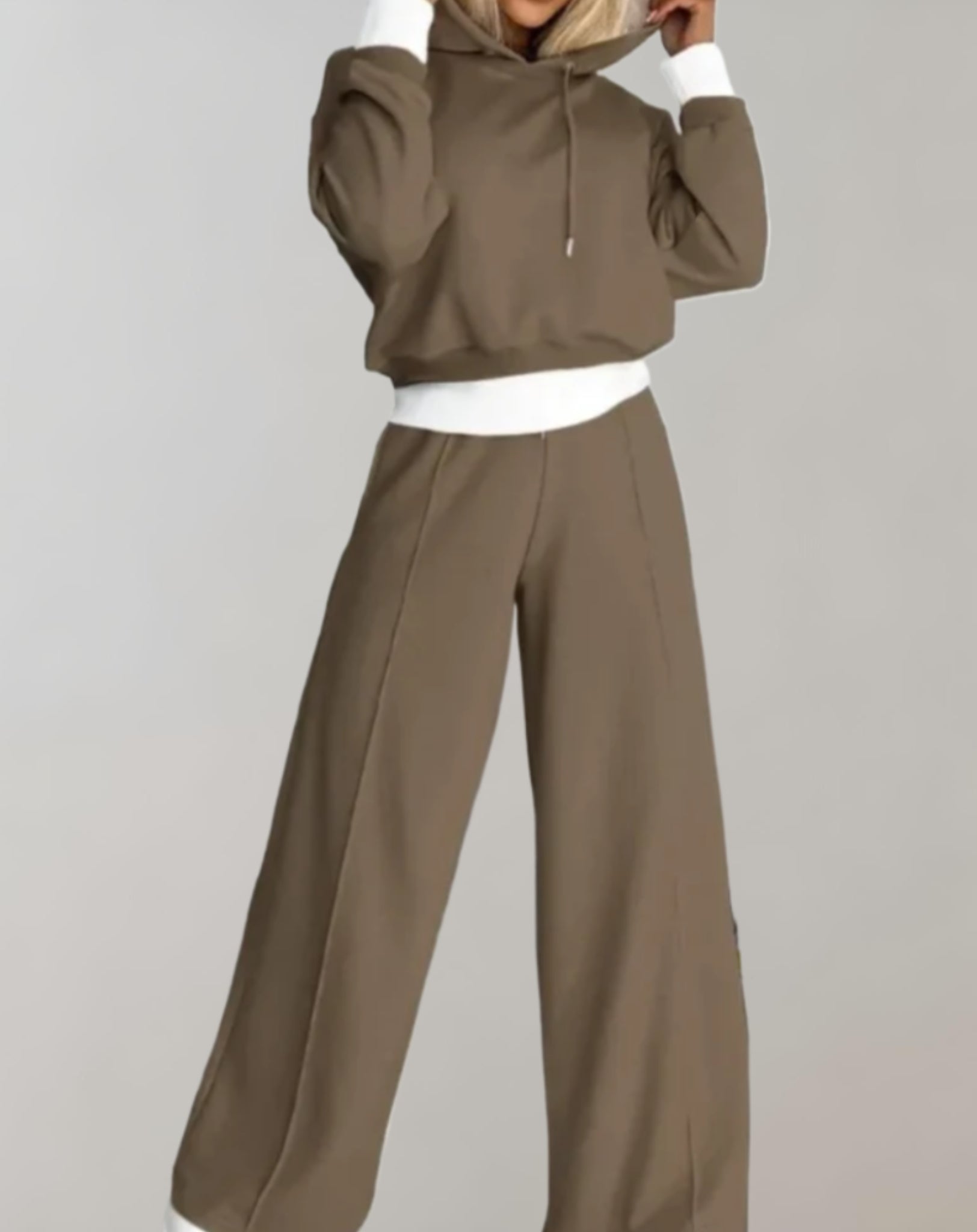 Women's casual hoodie tracksuit set in neutral tones, relaxed fit two-piece with drawstring pants
