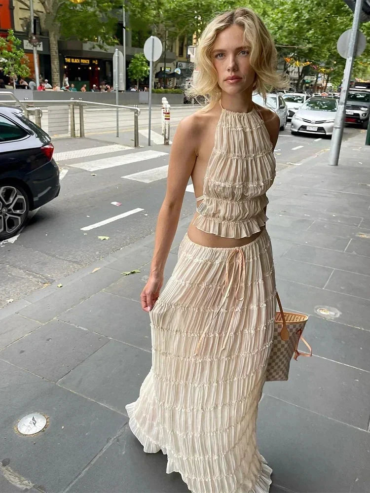 Women's backless pleated two-piece set breathable lightweight fabric stylish summer outfit