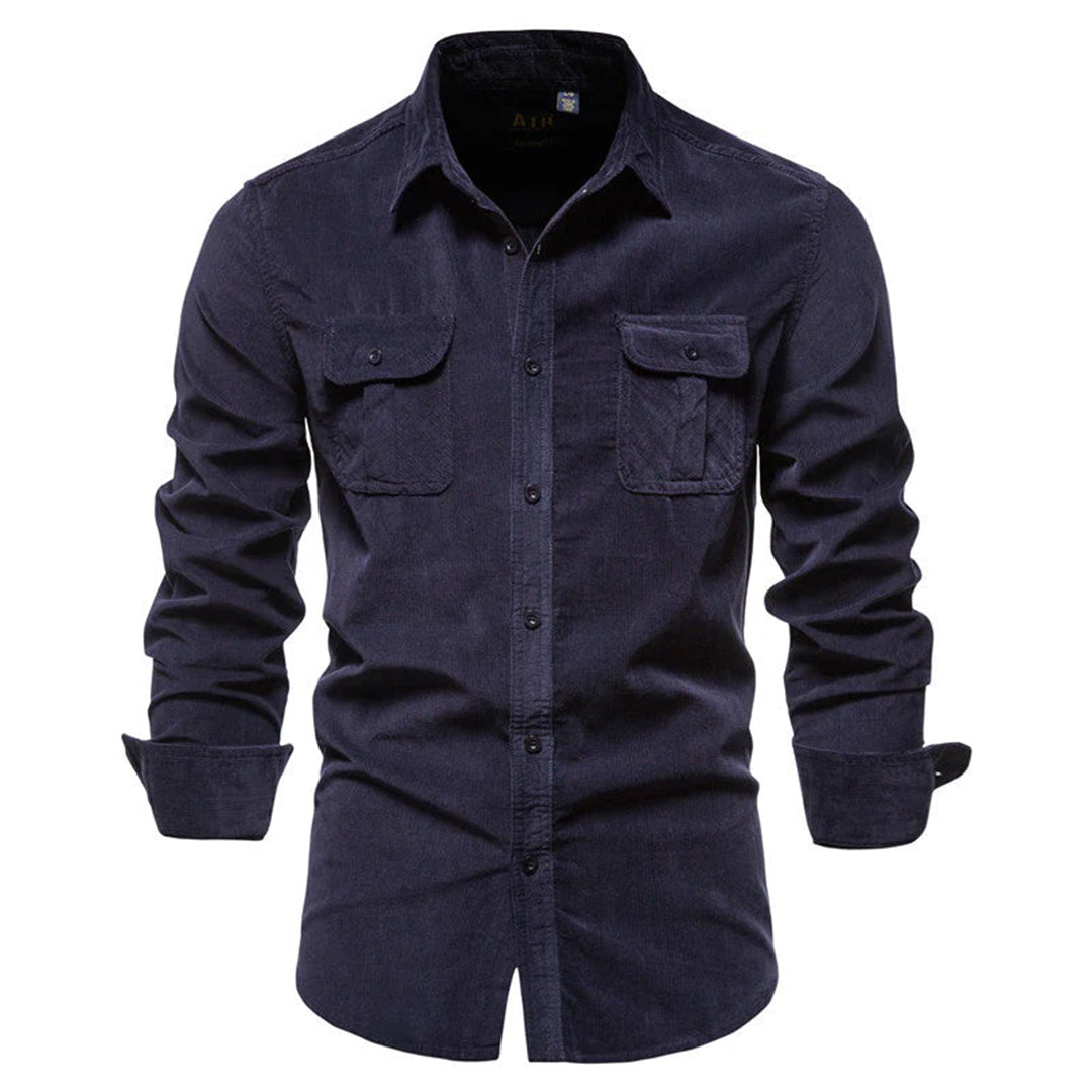 Men's khaki tailored fit button-up shirt with chest pockets and long sleeves for casual workwear