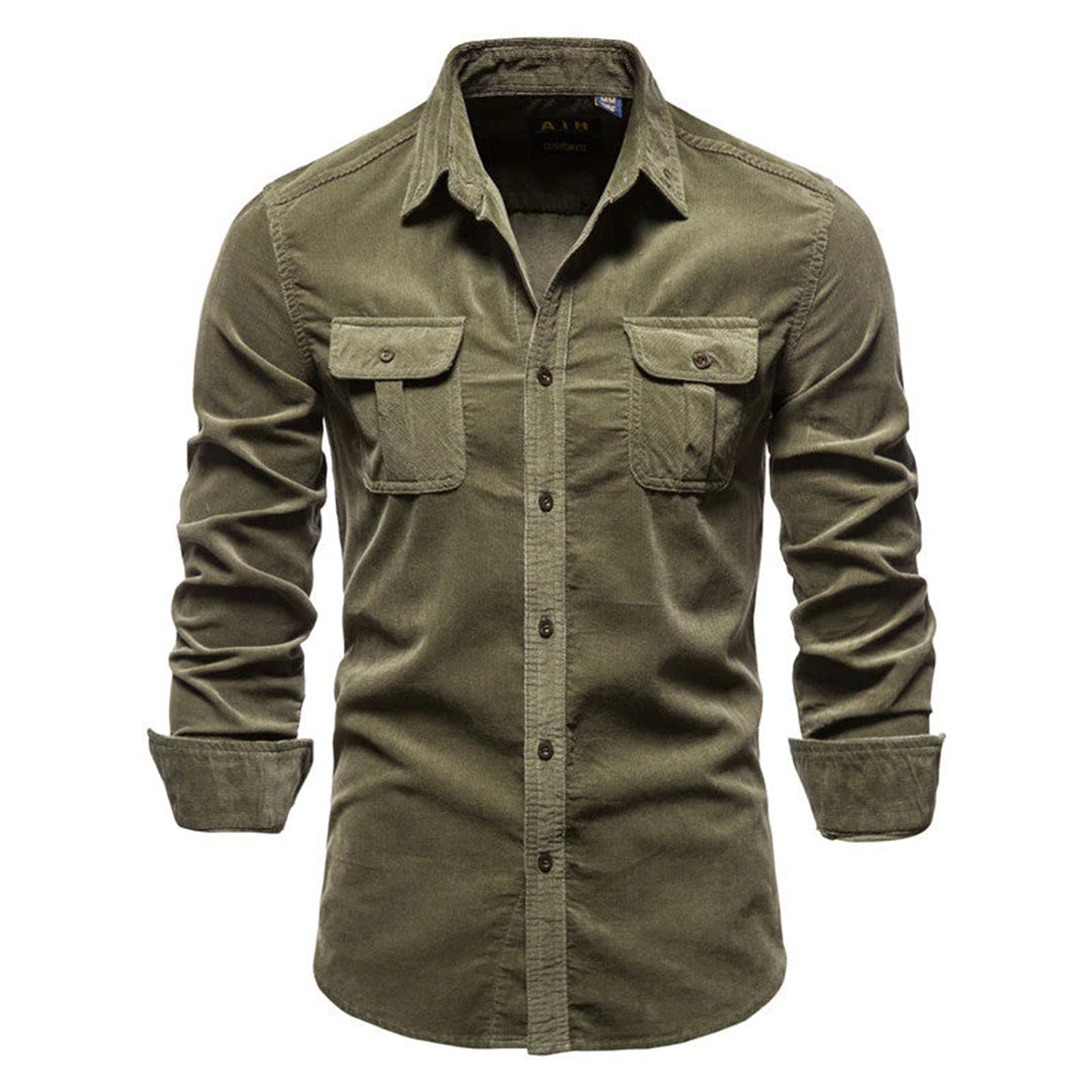 Men's khaki tailored fit button-up shirt with chest pockets and long sleeves for casual workwear
