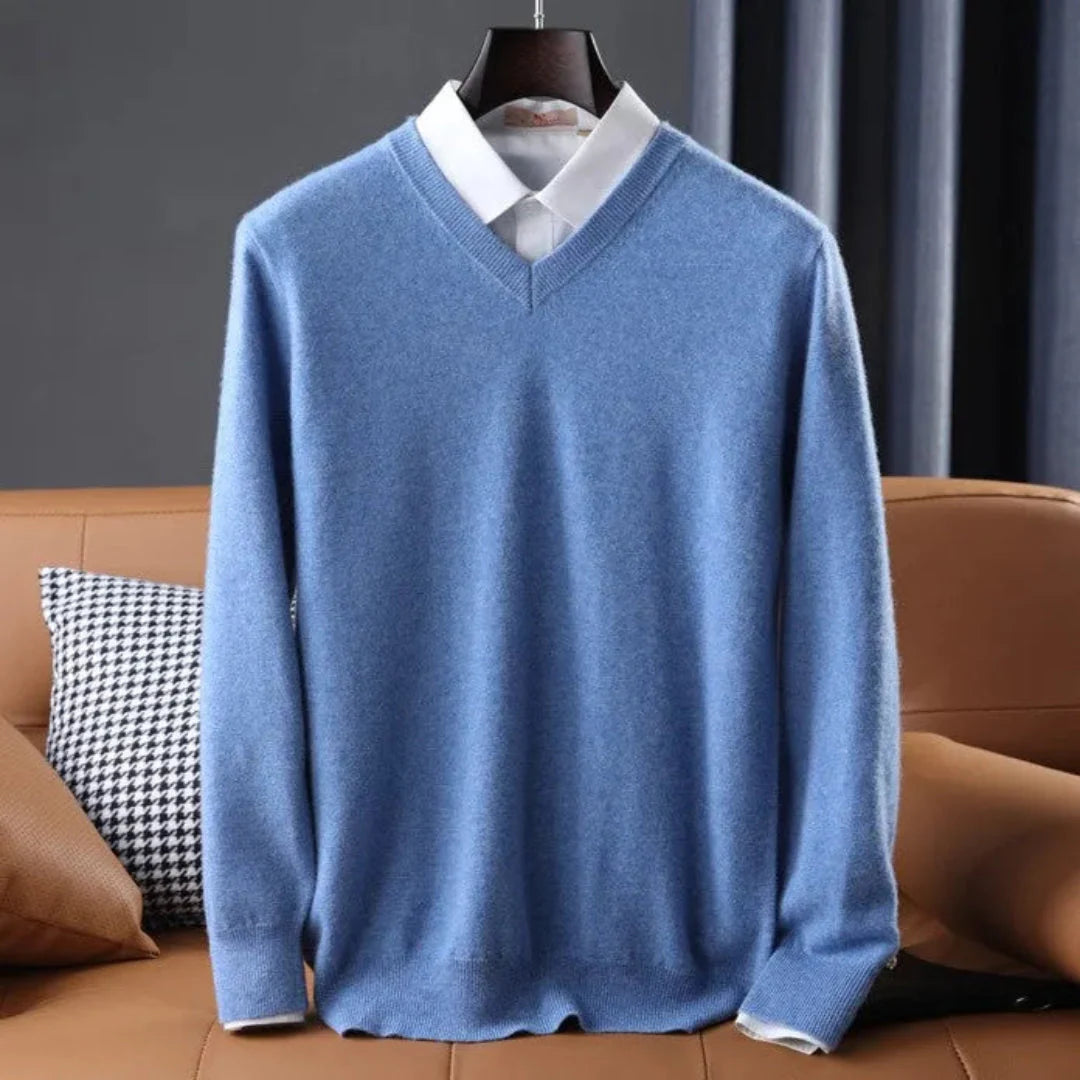 Conrad men's camel cashmere V-neck sweater, classic slim fit with premium soft knit layering essential