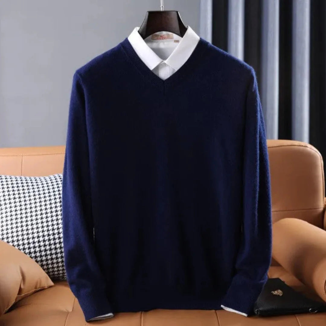Conrad men's camel cashmere V-neck sweater, classic slim-fit knit with premium soft luxury layering
