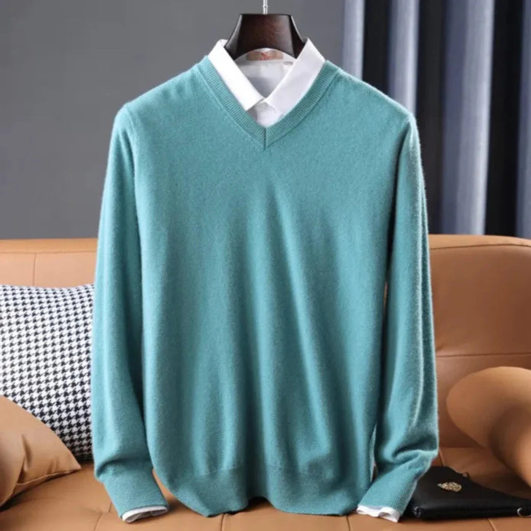 Conrad men's camel cashmere V-neck sweater, classic slim fit with premium soft knit luxury layer