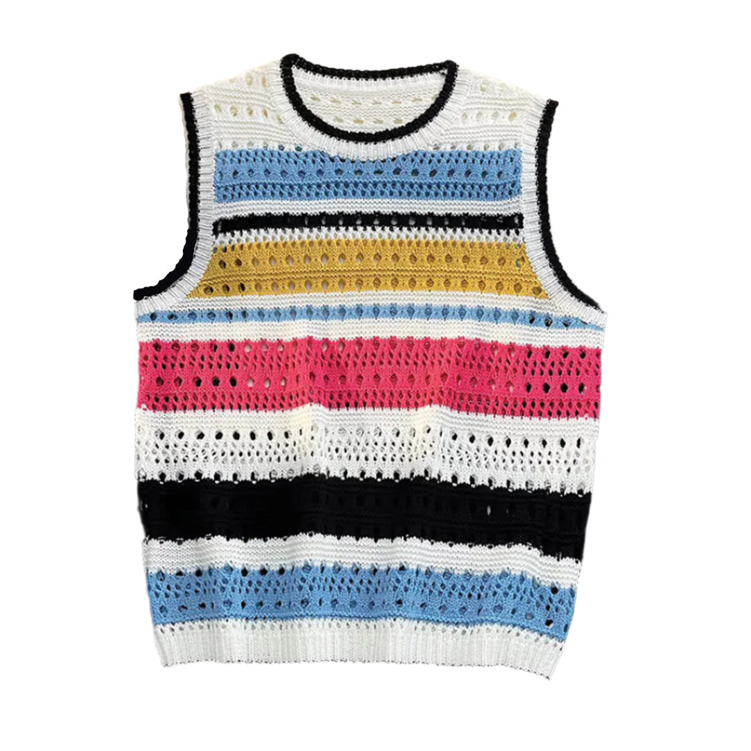 Women's multicolor striped knitted vest, cotton-blend crochet-inspired texture, relaxed layering piece