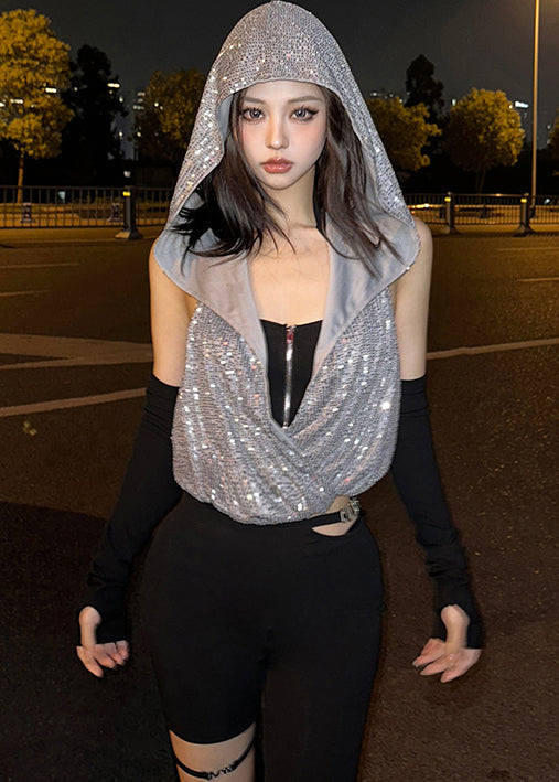 Ensemble deux pièces t-shirt à capuche et col zippé à paillettes - Urbann-Vibe