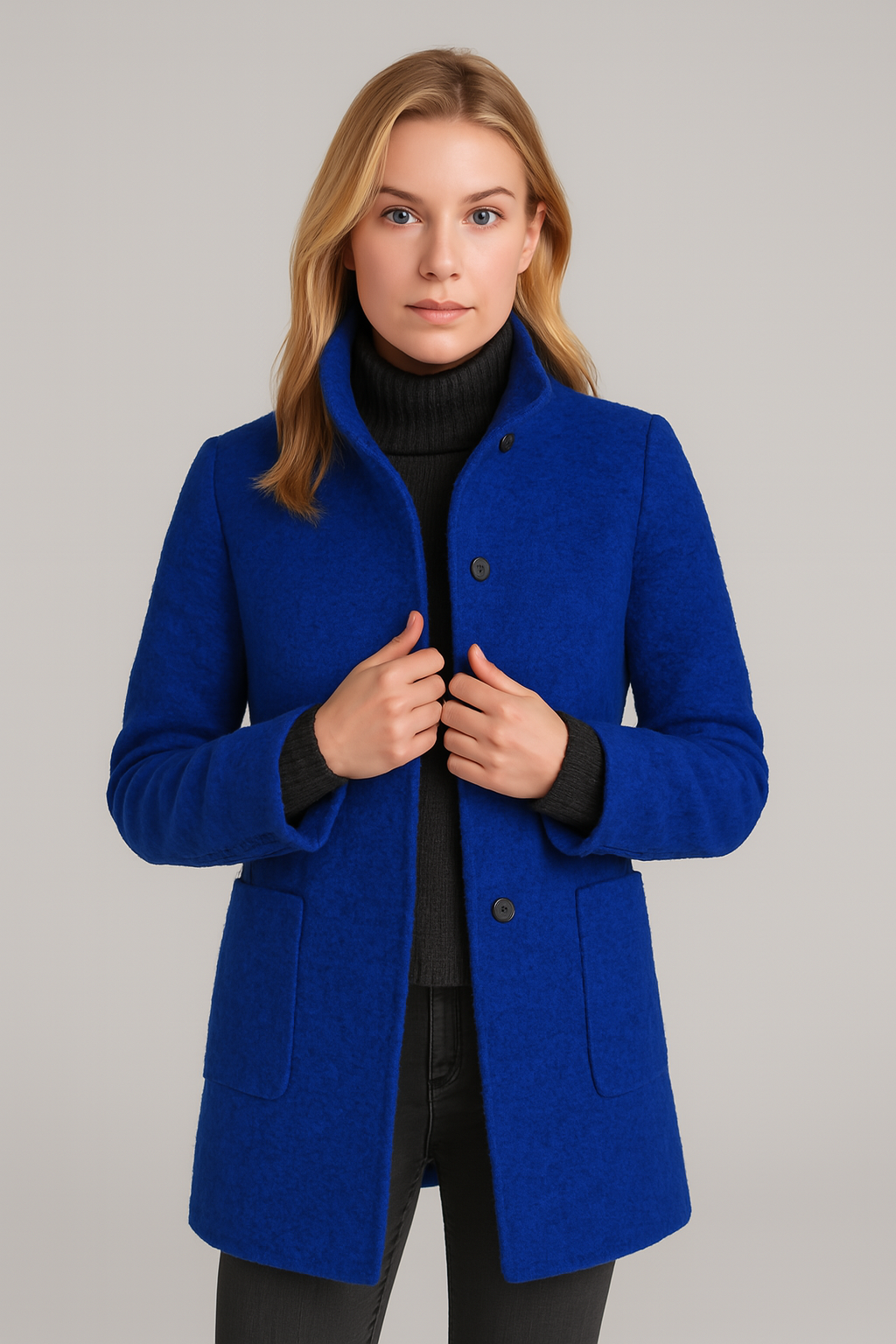 Black women's cotton coat stand collar casual long sleeves with button pockets effortless spring style