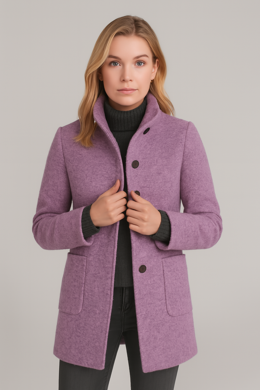 Black women's cotton coat stand collar long sleeve casual style with button pockets spring 2025