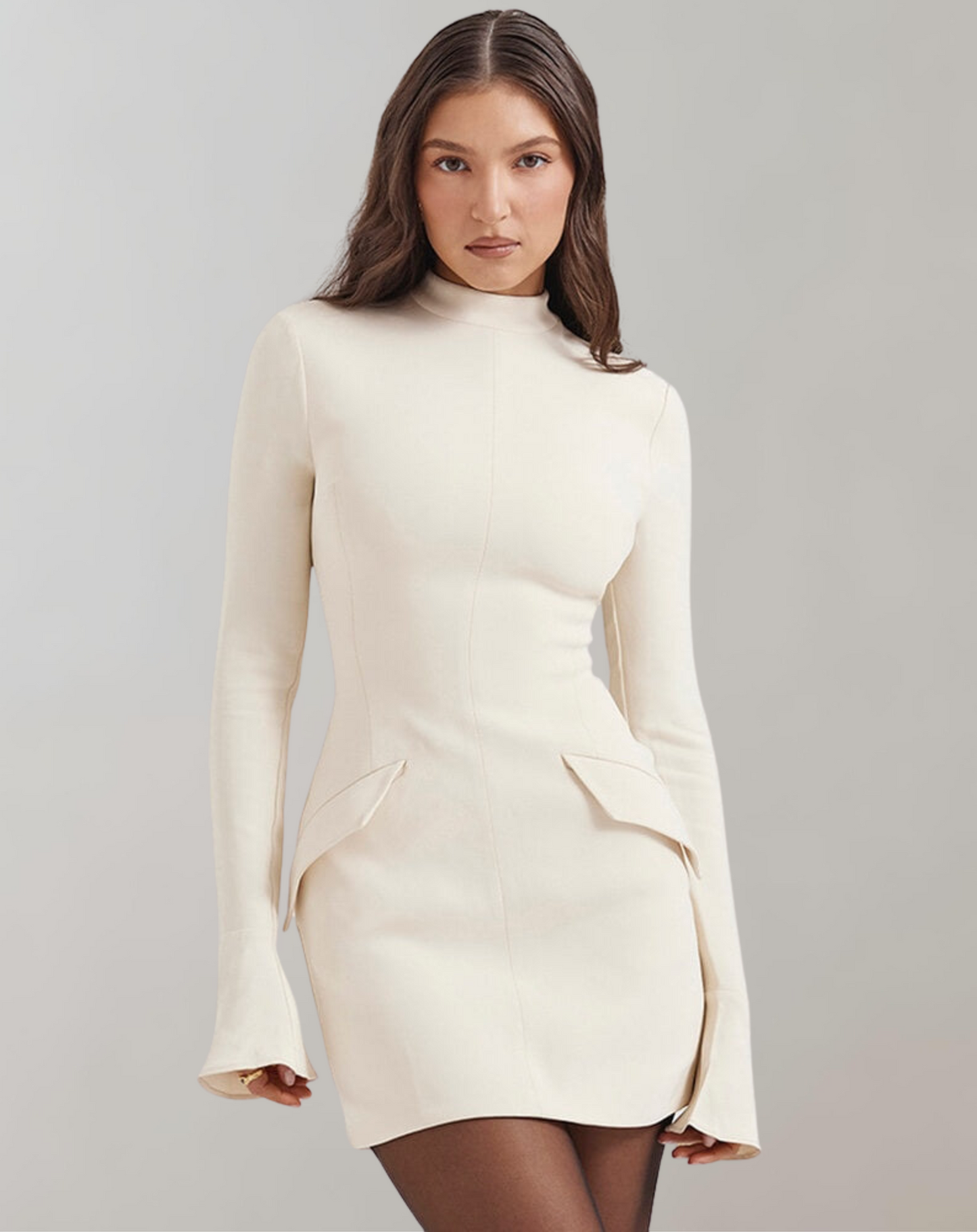 Women's fitted mini dress black long sleeves ruffle details high neck elegant workwear silhouette