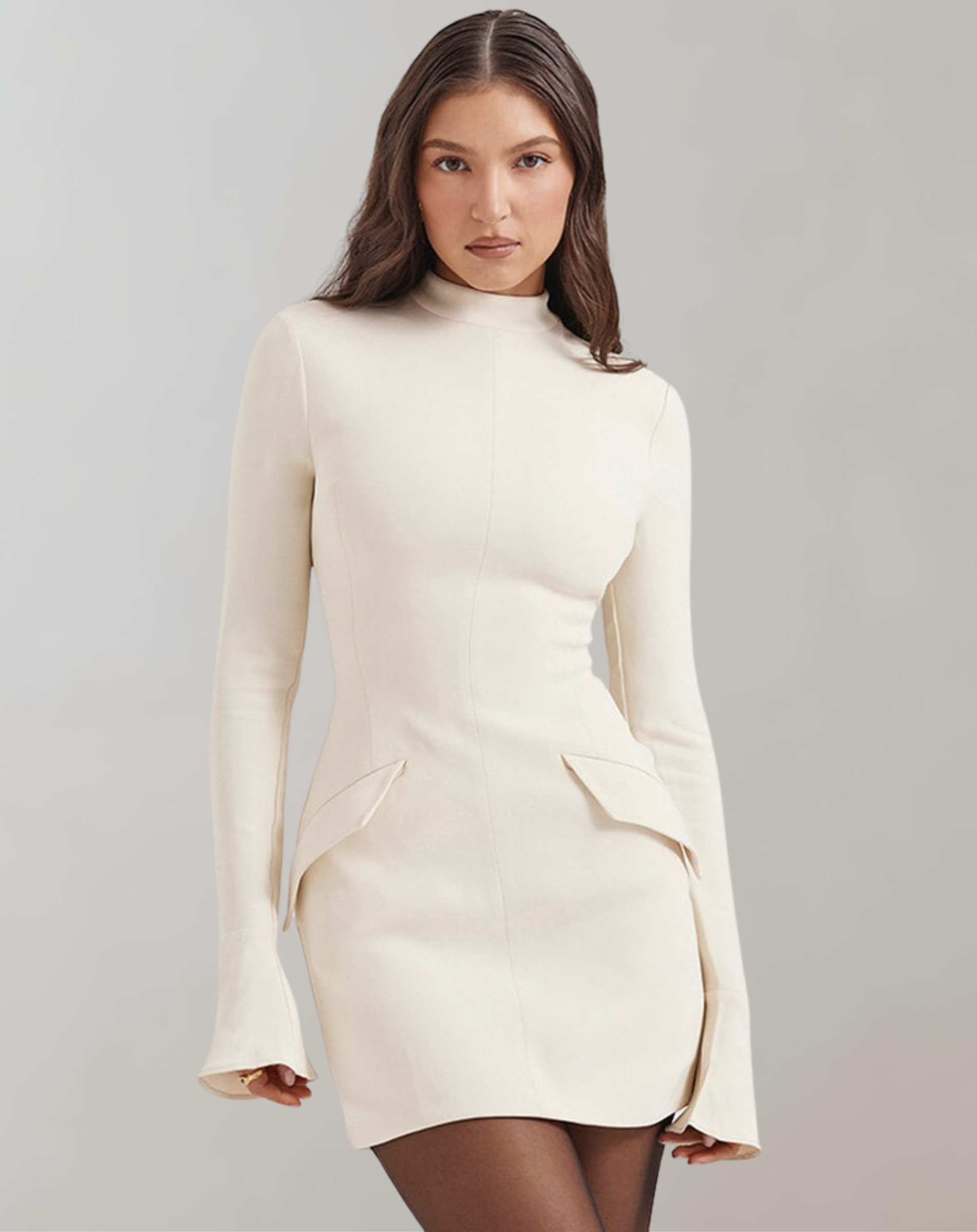Women's fitted mini dress black long sleeves ruffle details high neck elegant workwear silhouette