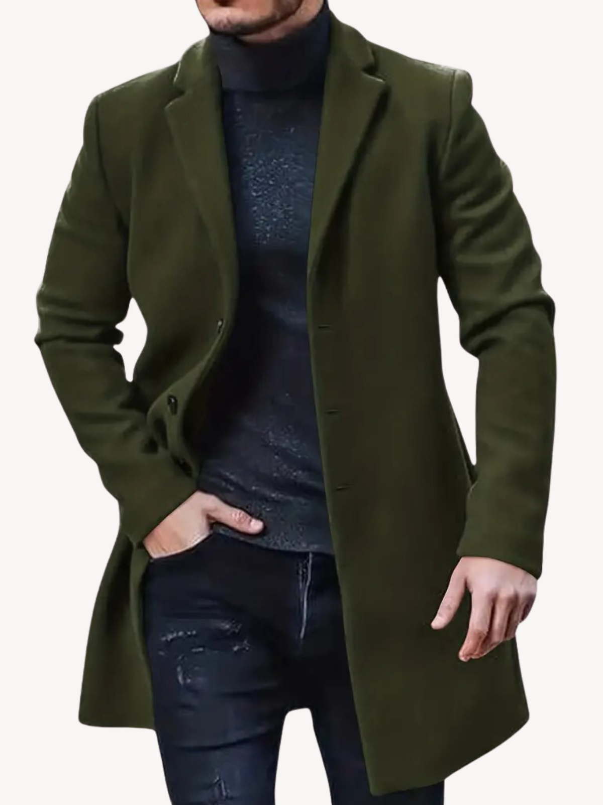 Men charcoal wool-look trench coat tailored fit mid-length notch lapel 3-button closure