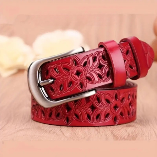 Women's genuine leather belt floral embossed design silver-tone buckle elegant all-season accessory