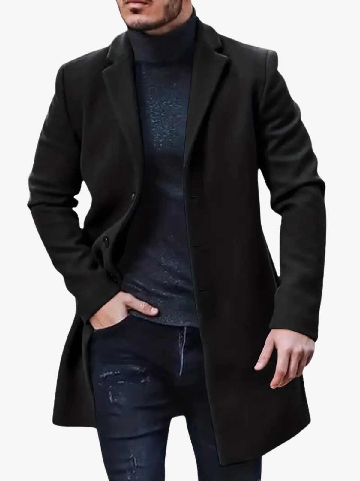 Men's charcoal wool-look trench coat tailored fit mid-length notch lapel 3-button closure