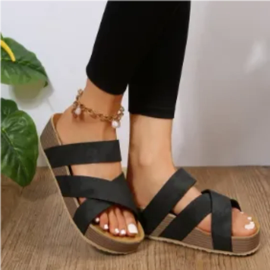 Women's braided open-toe platform sandals with cushioned footbed, slip-on wide cross-strap design