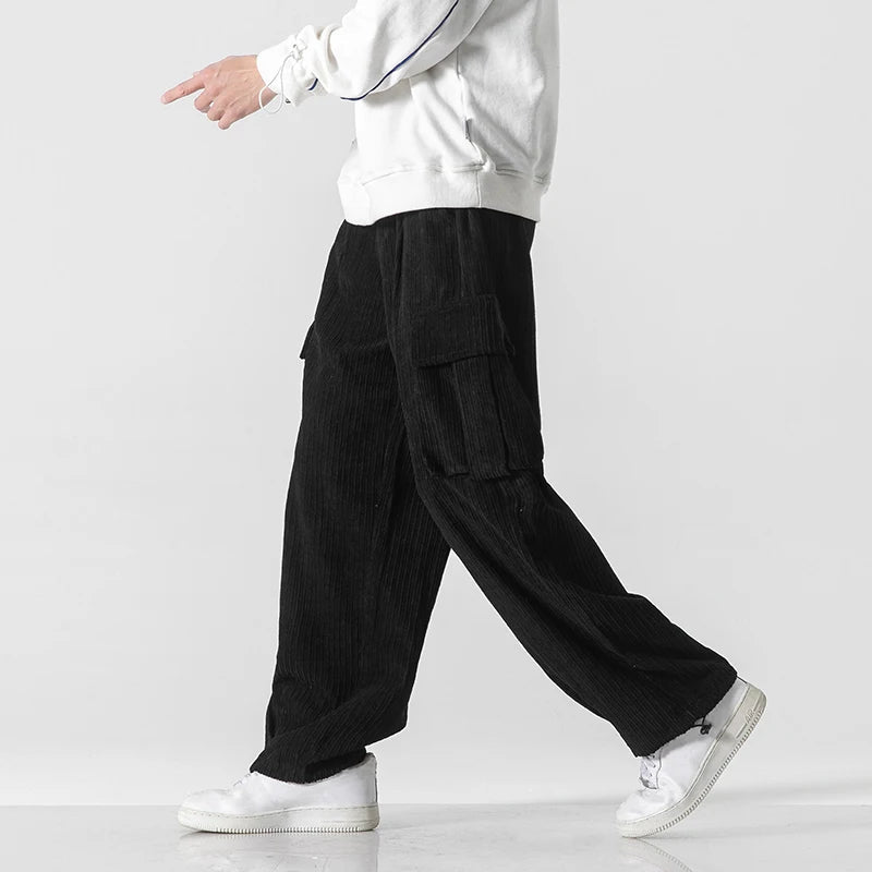 Beige corduroy wide-leg cargo pants unisex retro streetwear with oversized side pockets