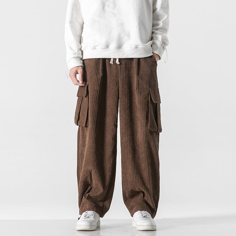 Unisex wide-leg corduroy cargo pants retro streetwear style with oversized pockets for comfort