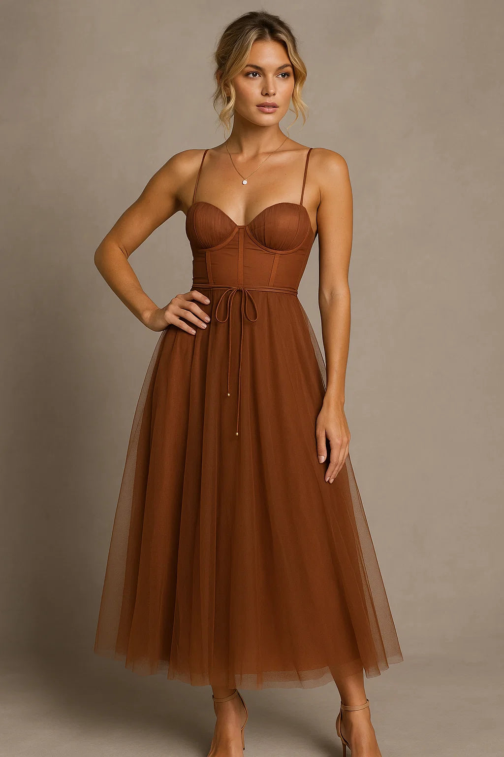 Blush corset midi gown with ruched bust, layered chiffon tulle skirt, romantic vintage silhouette