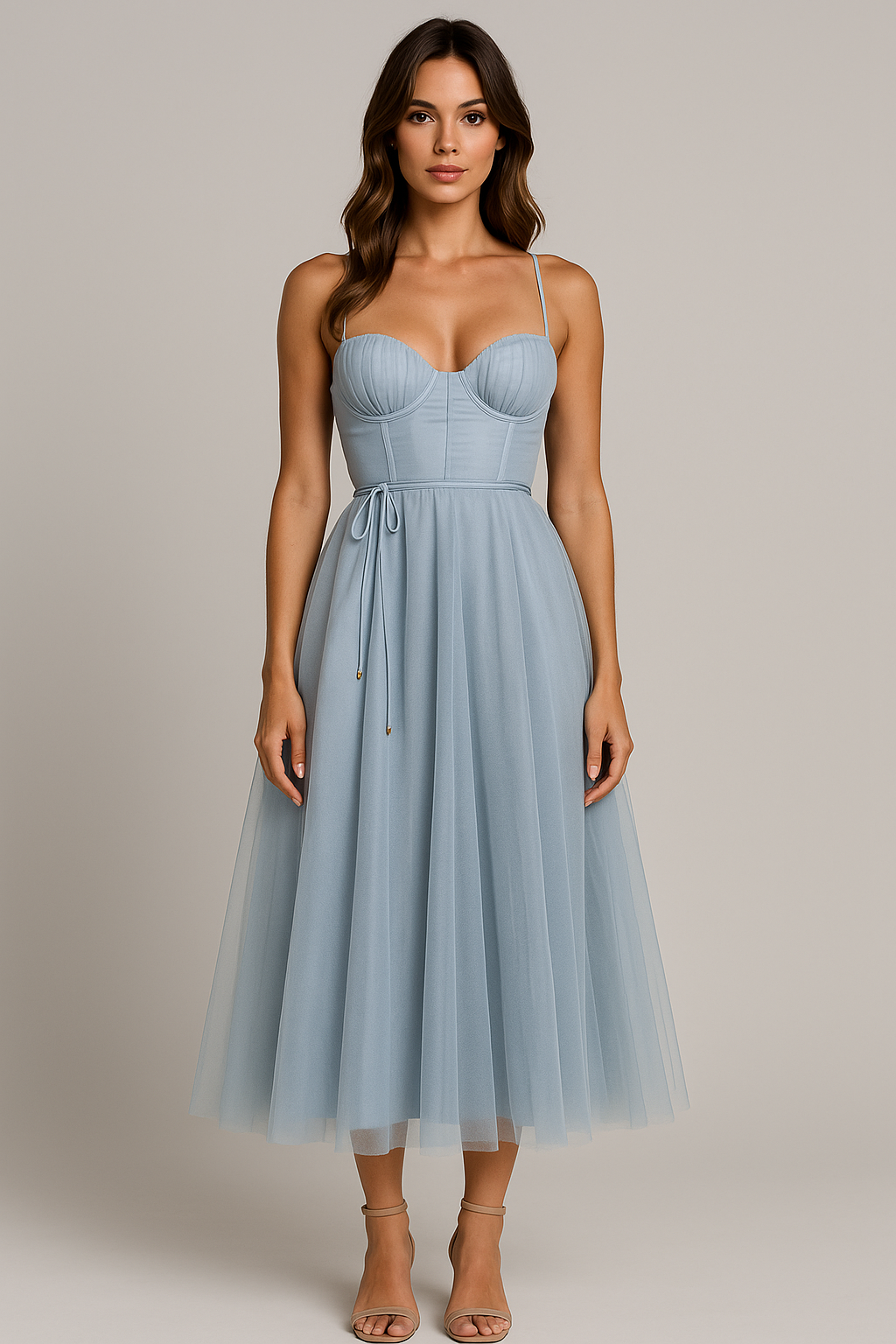 Blush chiffon midi gown corset silhouette ruched bust layered tulle skirt romantic vintage style
