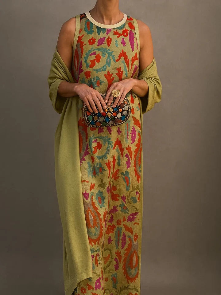 Elegant printed two-piece maxi dress with cape, A-line crew neck stretch polyester formal women's set