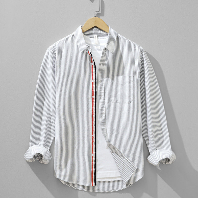 Men's white pinstripe linen overshirt relaxed fit with sharp contrast placket for layering