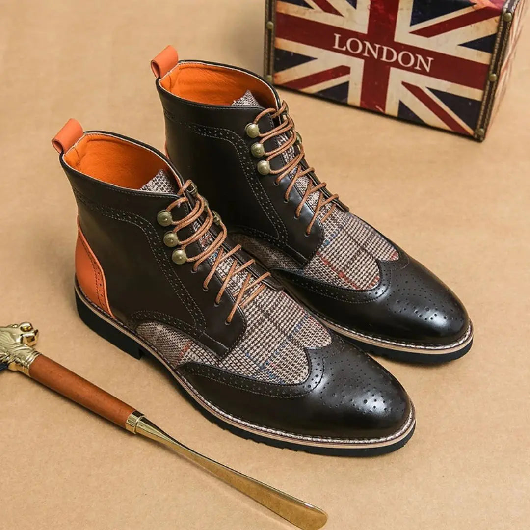 Men's plaid faux leather burnished wingtip boots in bold vintage-modern statement style